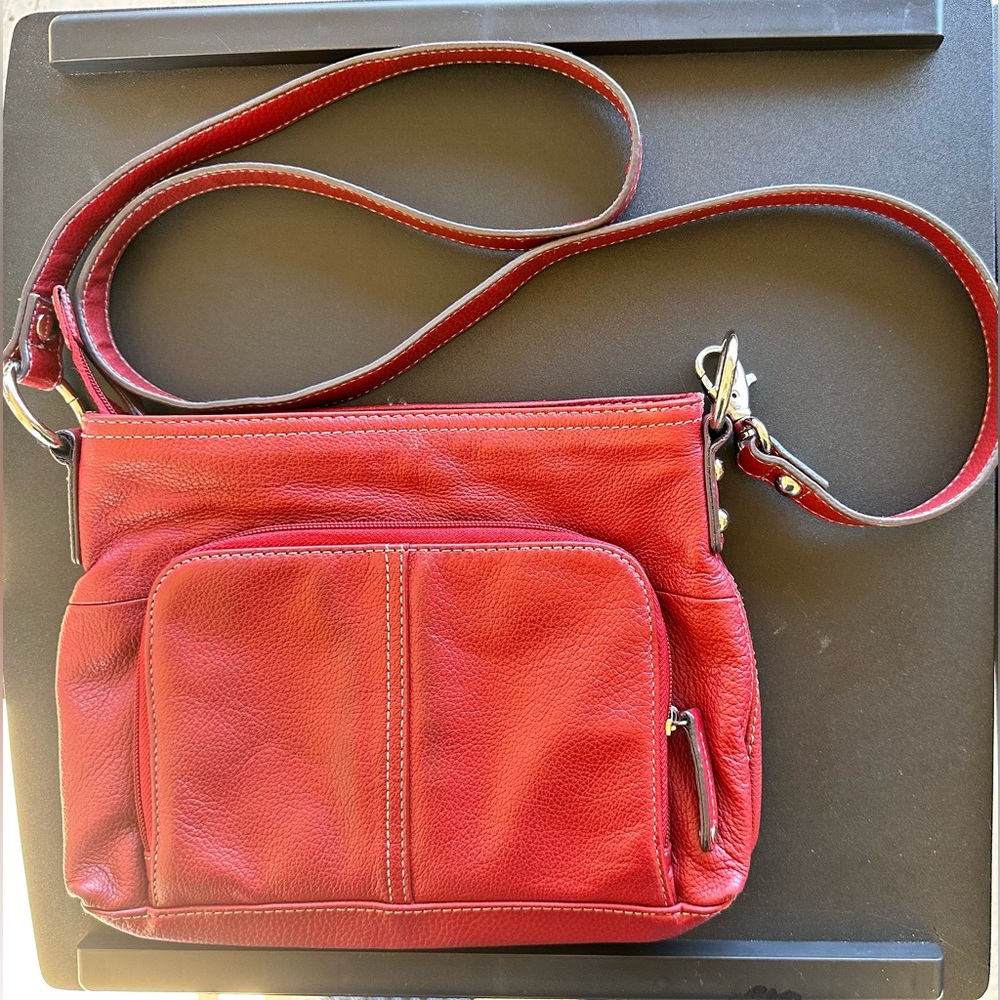 Tignanello Crossbody Handbag, Red Leather Organizer Top Zipper Shoulder Bag